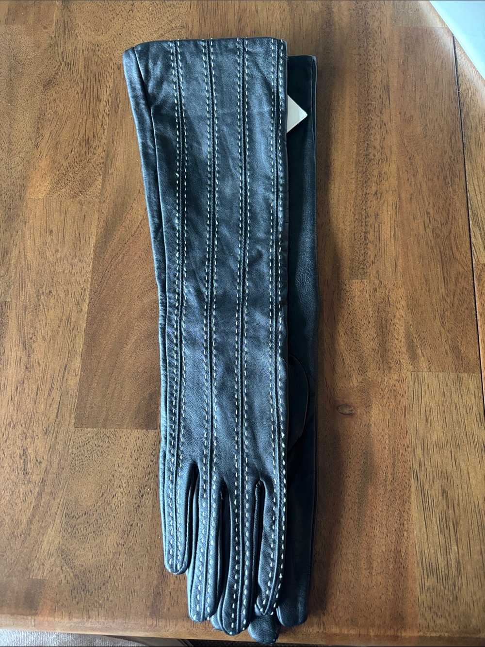 Anne Klein Black Leather Long Gloves with Contrast Stitching